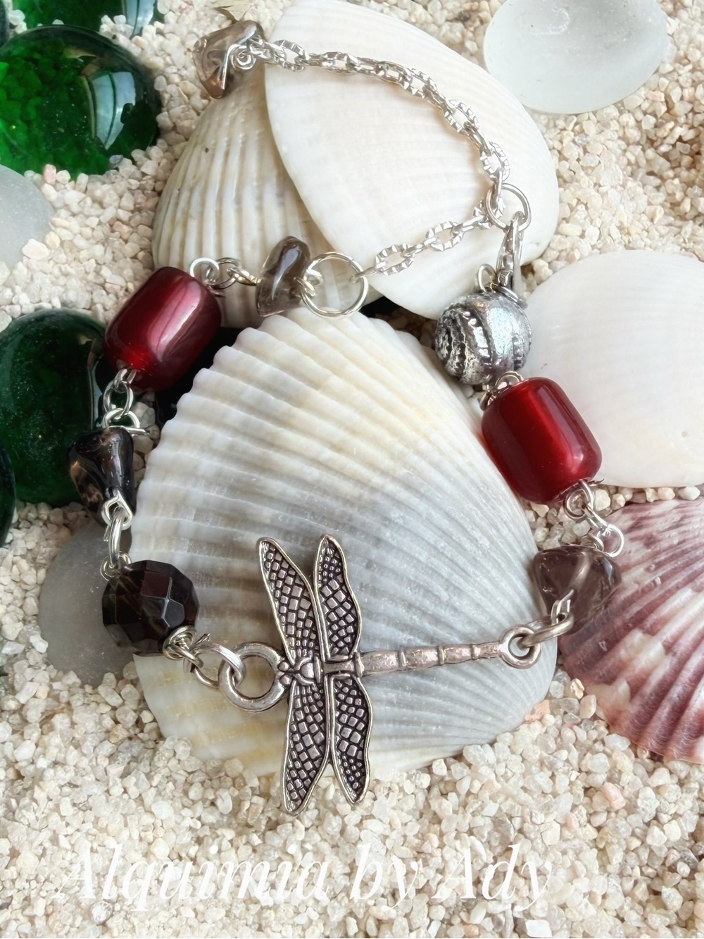Red and smoky quartz Beaded Bracelet with silver dragonfly charm